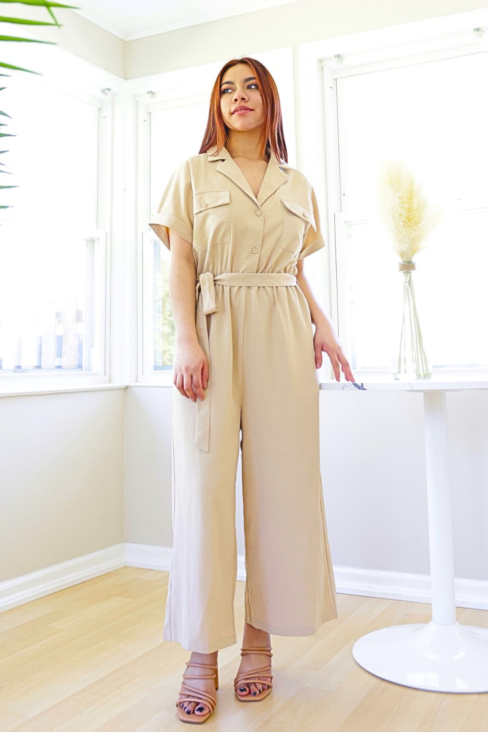Petite Belted Wide Leg Jumpsuit (Taupe) – Petite Dressing
