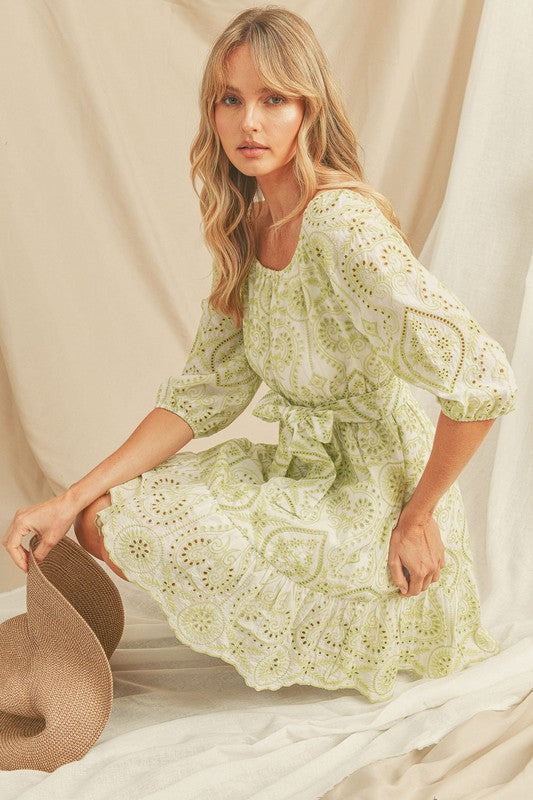 Petite Off-the-shoulder Cotton Eyelet Dress (Green Multi) – Petite Dressing